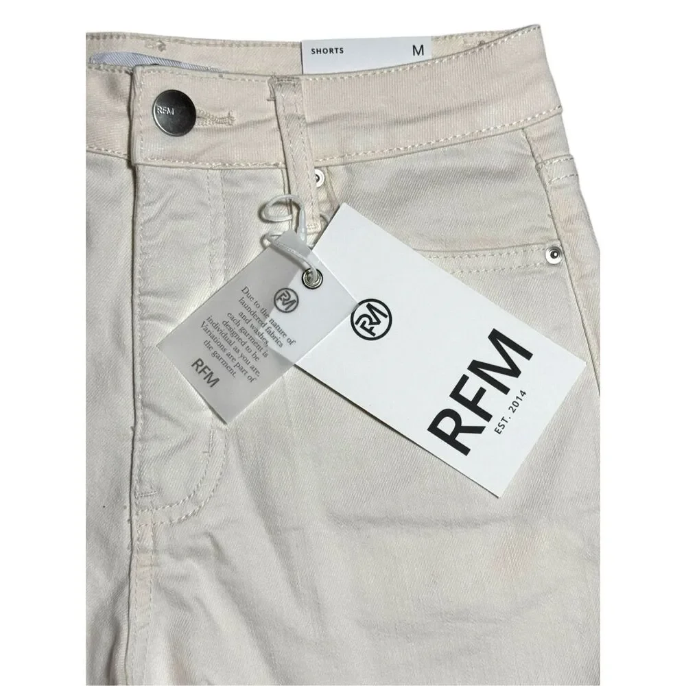 RFM Ivory High Rise Denim Shorts Tummy Control Frayed Step Hem Stretch Med NWT - Picture 9 of 11